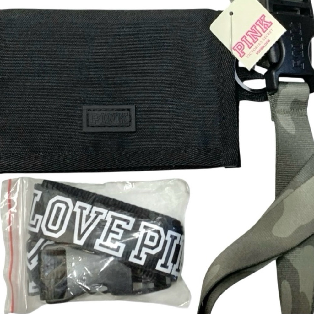 PINK VS NWT Black Wallet & Camo Lanyard + Bonus LOVE PINK Dog Lanyard